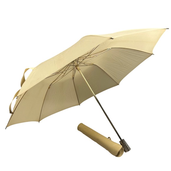 Knirps Accessories - Vtg Knirps Compact Travel Umbrella with Sleeve 35" Neutral Beige Silver Handle